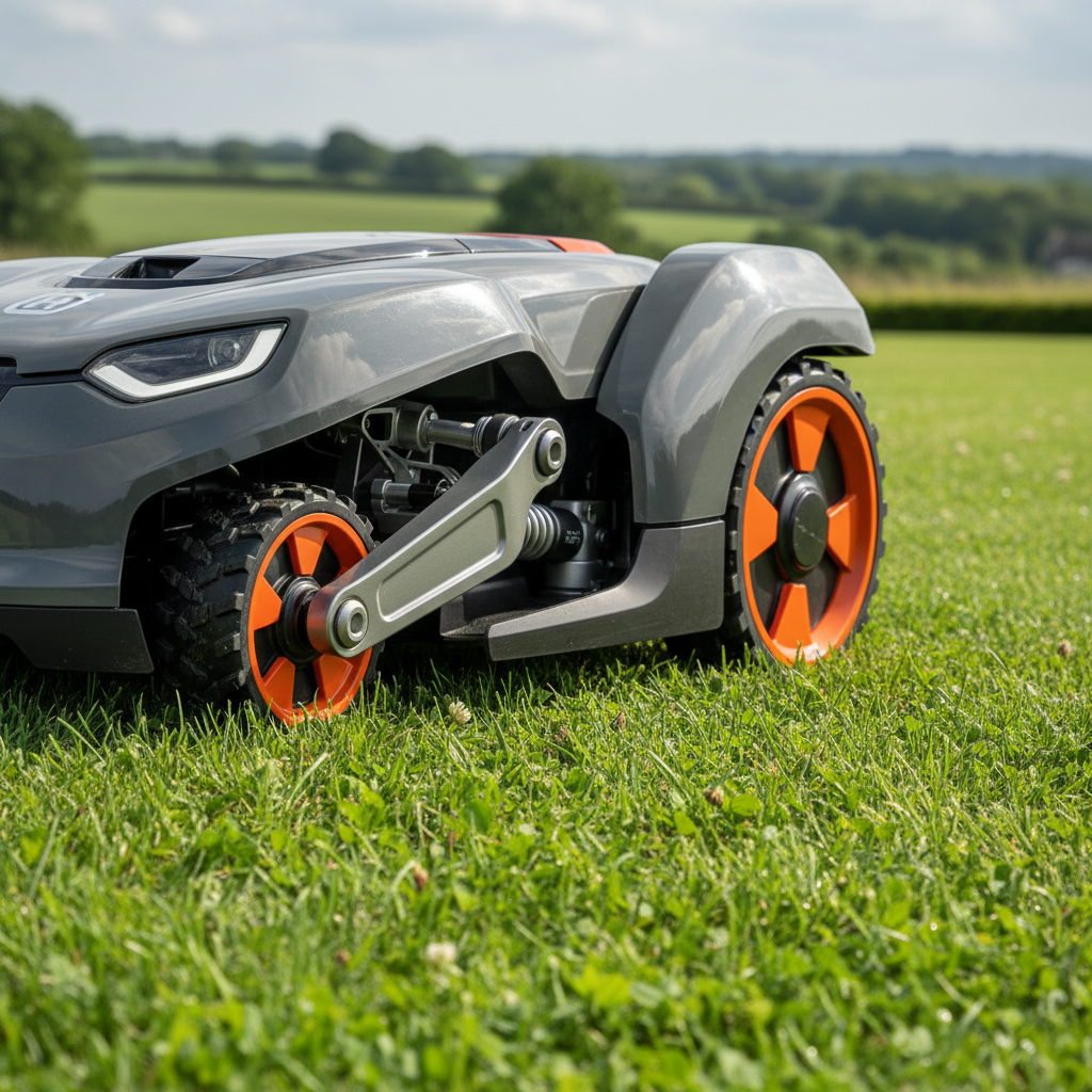 Orange robotgräsklippare på en välskött grön gräsmatta