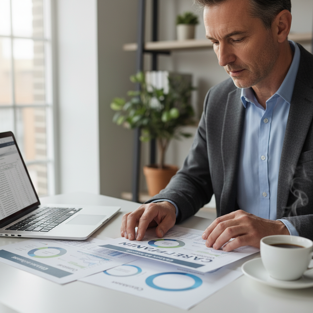 Person reviewing financial planning documents and budget spreadsheet on a desk with calculator and coffee, planning car purchase strategy