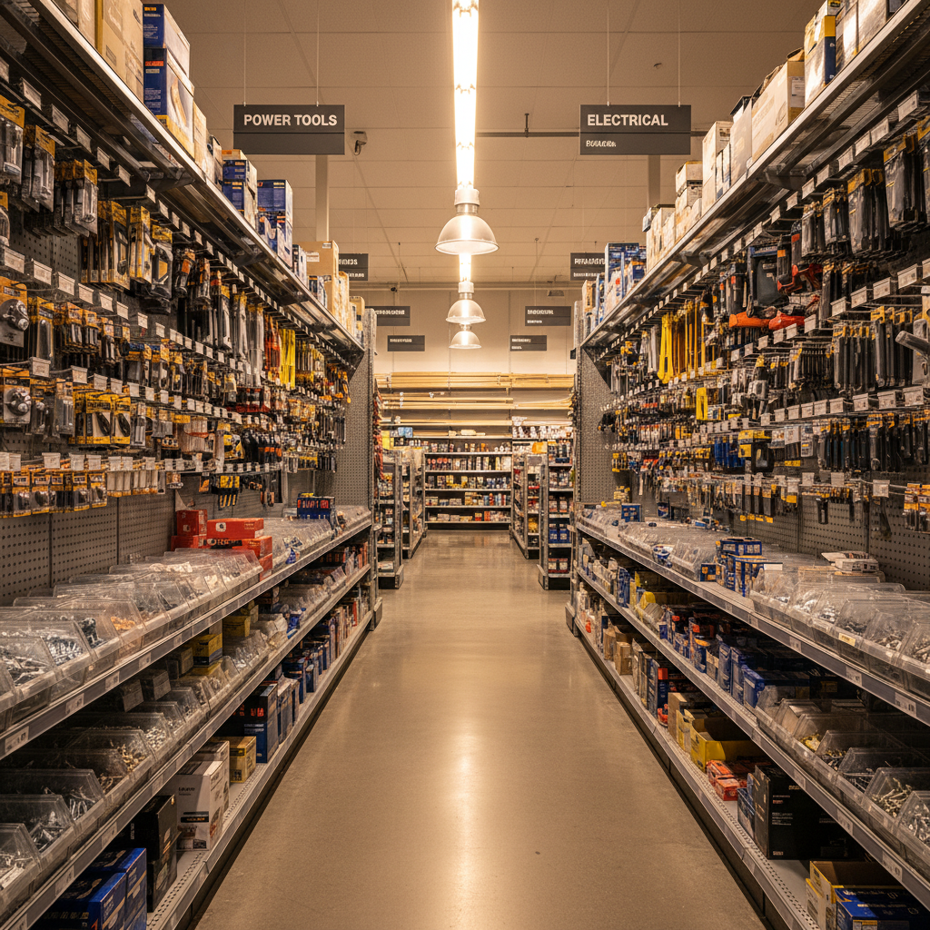 Hardware and industrial materials in a warehouse, bright lighting, organized shelving, construction supplies