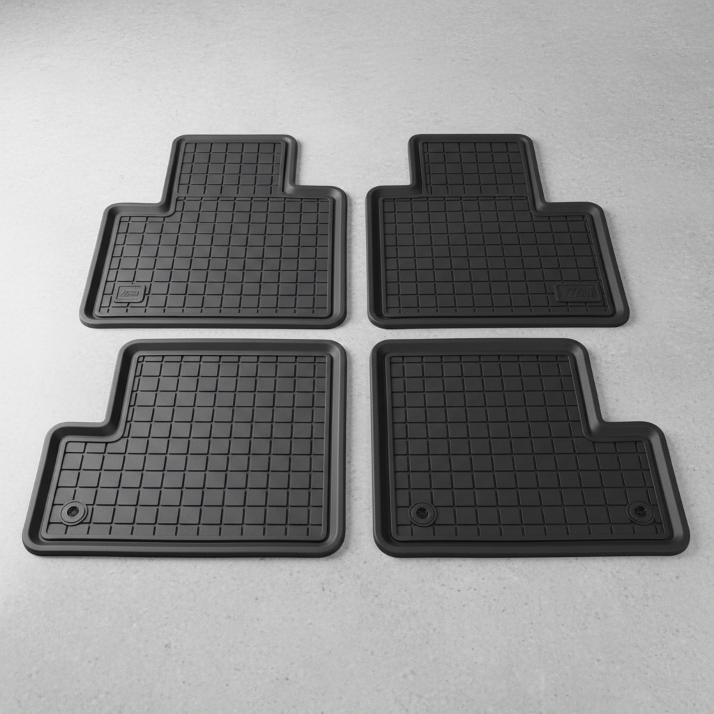 Black rubber car floor mats laid flat on a clean white surface showing tread pattern