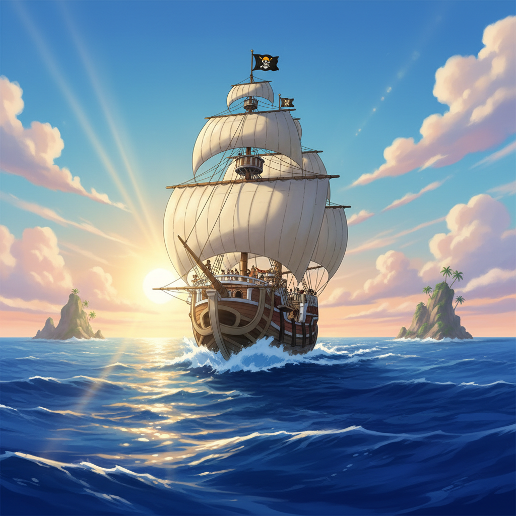 Pirate ship sailing on blue ocean with dramatic clouds and sunset