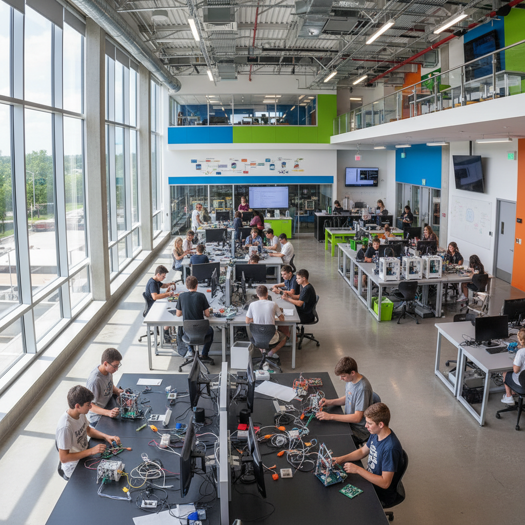 Students working on robotics and computers in bright modern STEM lab
