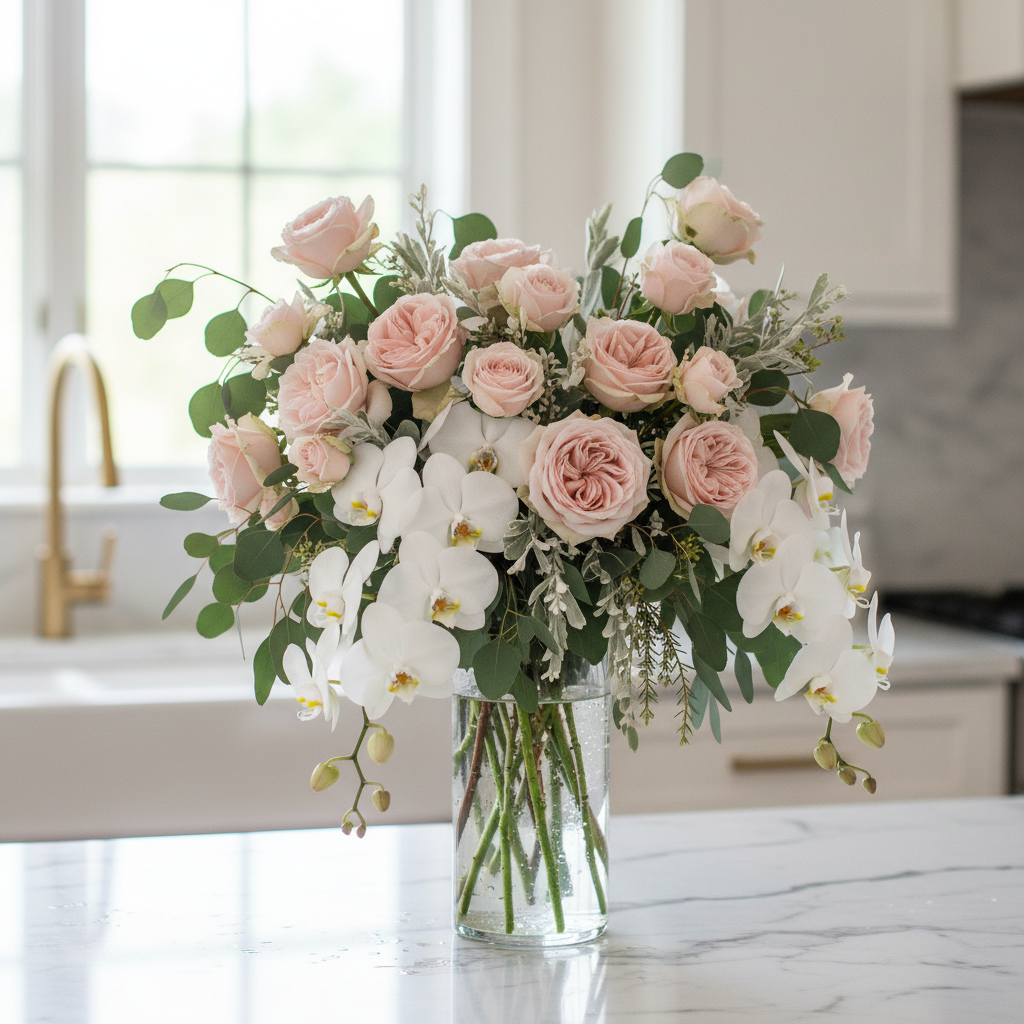 Luxury flower atelier interior with white roses arranged on marble countertop in soft morning light