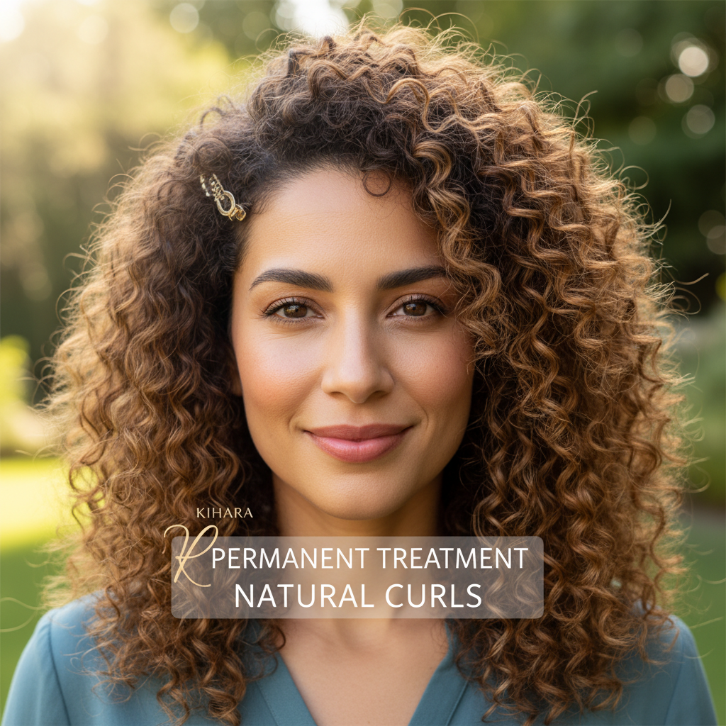 Confident woman with curly hair smiling outdoors, natural light portrait