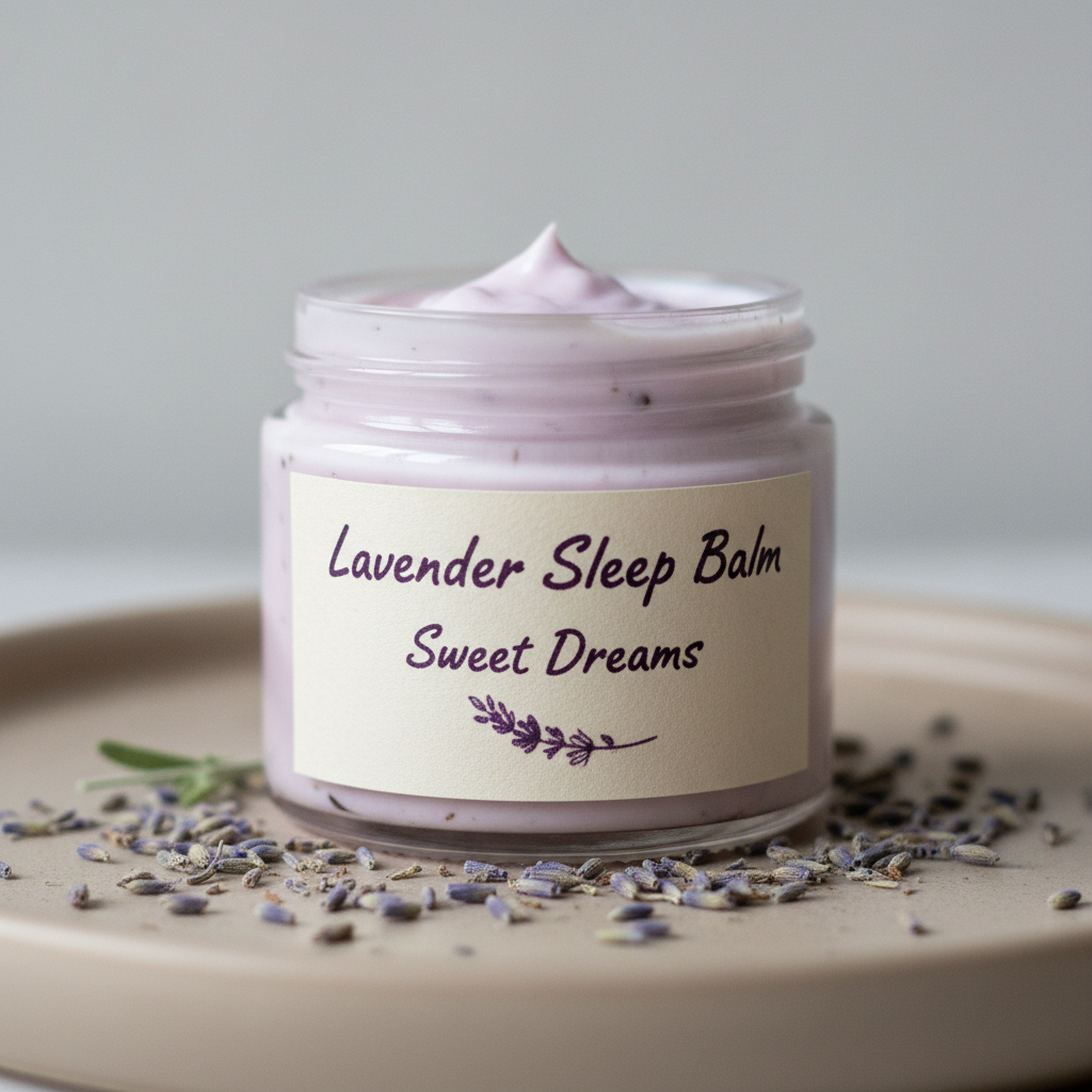Small glass jar of lavender sleep balm with handwritten label, surrounded by dried lavender buds