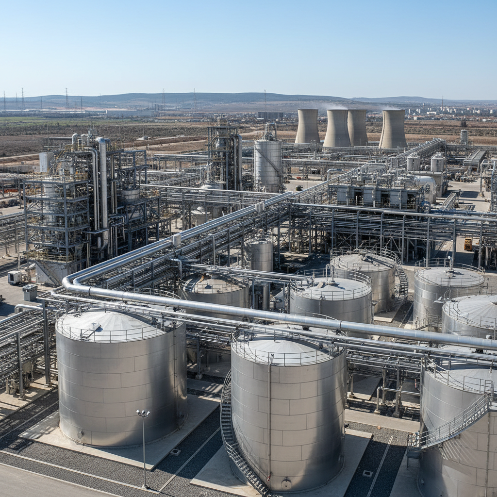 Large industrial lithium processing facility with storage tanks and processing equipment