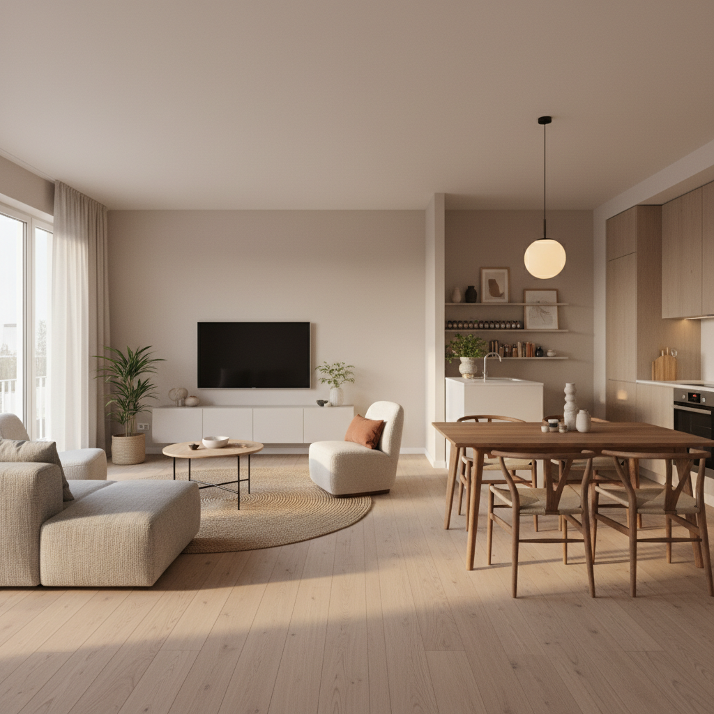 Cozy modern apartment interior with stylish furniture, warm lighting, clean and well-organized living space