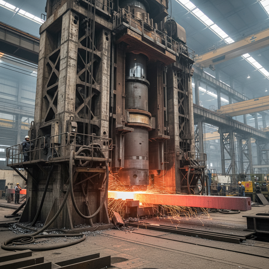 Heavy industrial hydraulic press machine in manufacturing facility