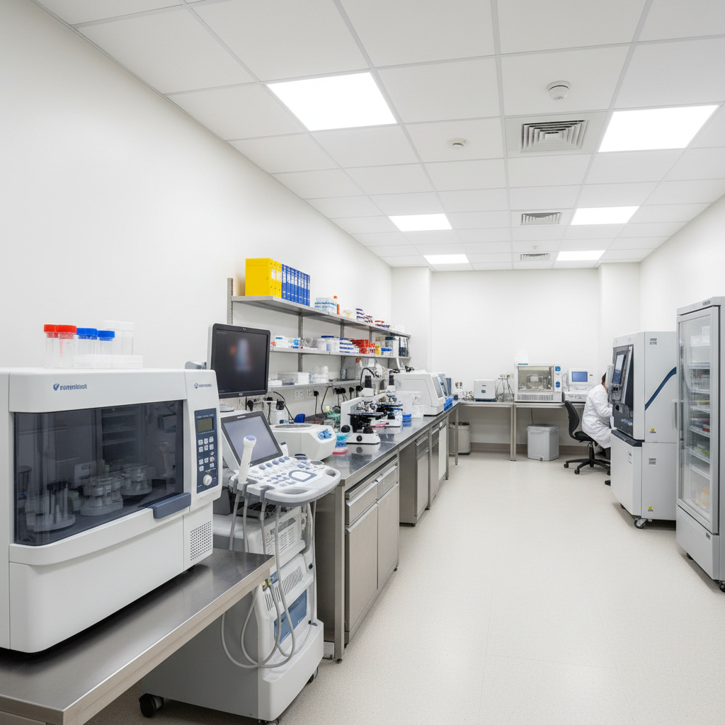 Veterinary laboratory with modern diagnostic equipment and organized workspace