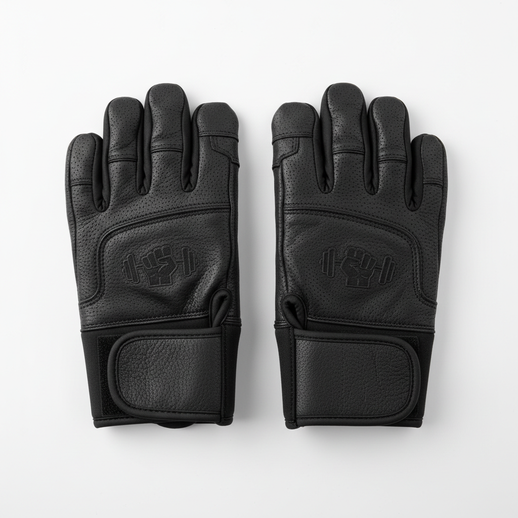 Black leather gym gloves with wrist support on wooden gym floor
