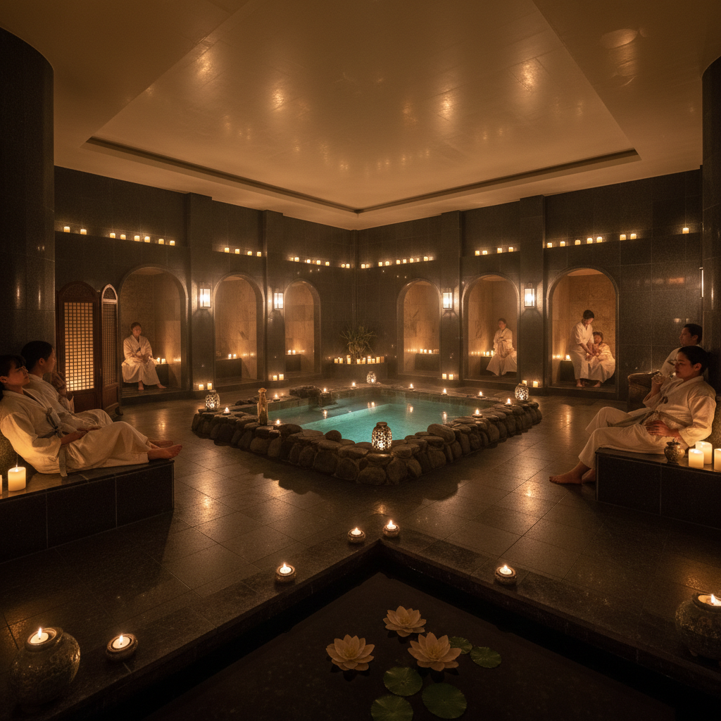 Authentic Korean spa experience with luxury ambiance, dim candlelight, dark stone surfaces, deep shadows