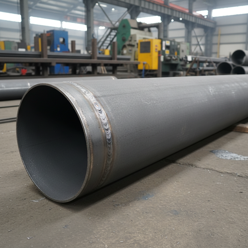 Seamless round mild steel pipes with dark metallic finish in an industrial facility