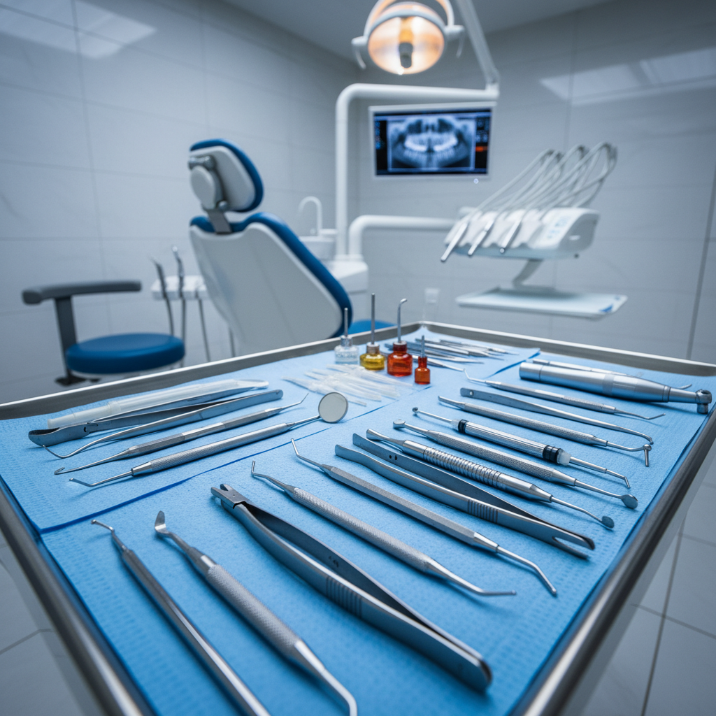 Emergency dental treatment setup with urgent care equipment and pain relief medications in sterile environment