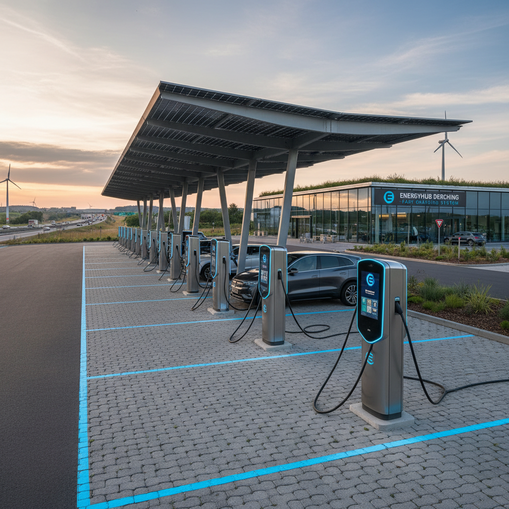 Electric vehicle charging at a modern EV charging station — the future of automotive production and ownership