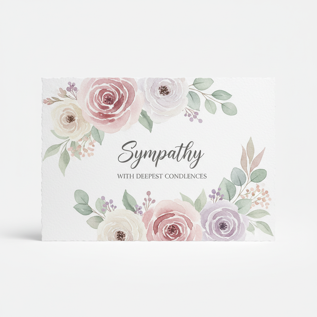 Watercolor sympathy card with soft floral illustration in muted tones