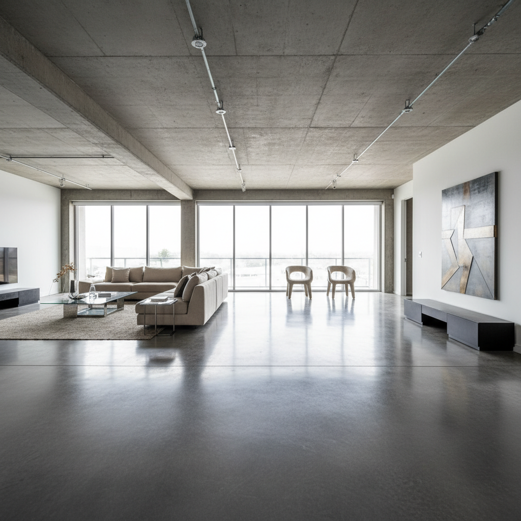 Bright open-plan living room with floor-to-ceiling windows and minimalist decor