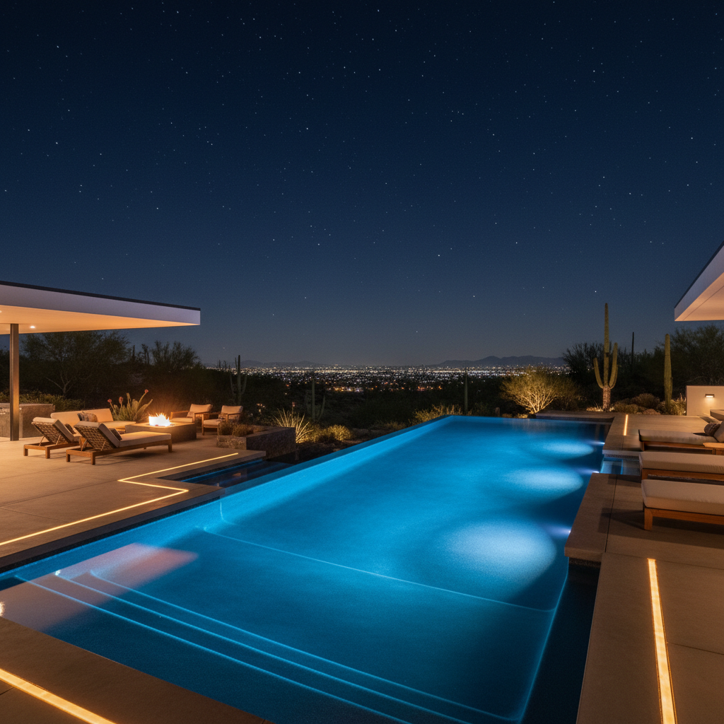 Mid-century modern pool house at sunset, dramatic desert shadows, dark mountain backdrop, warm amber light