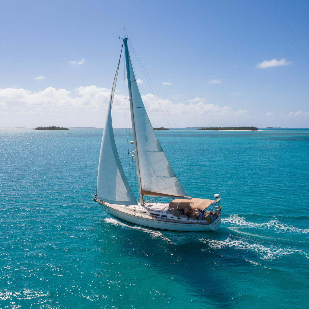 Island Packet 380 bluewater cruising sailboat under full sail in turquoise Caribbean water