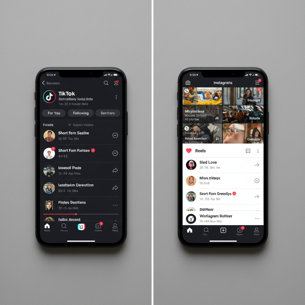 Split screen comparison of TikTok and Instagram Reels interfaces on mobile devices