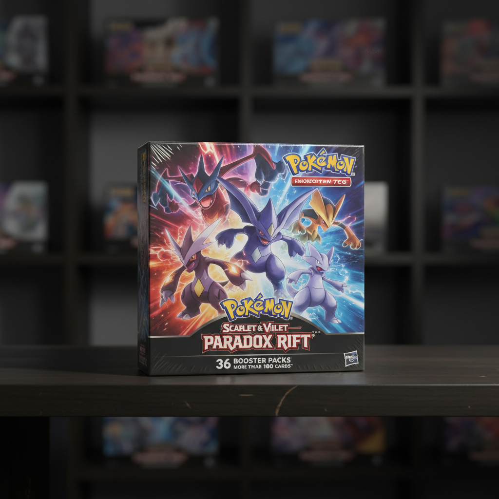 Stack of sealed trading card booster boxes on dark retail shelf