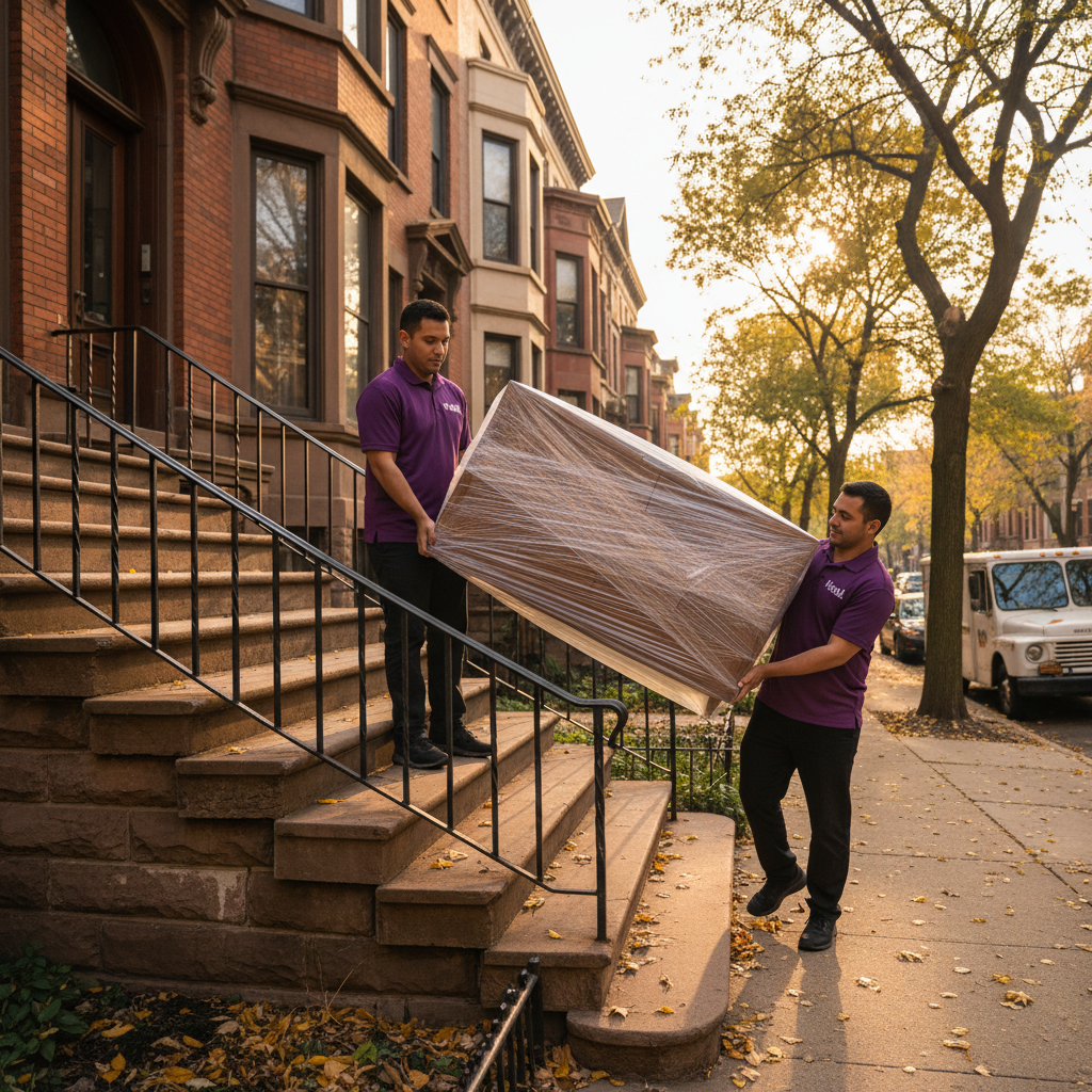 Two Haul movers in plum polo shirts carrying a wrapped mid-century dresser down a classic Chicago brownstone stoop in autumn light