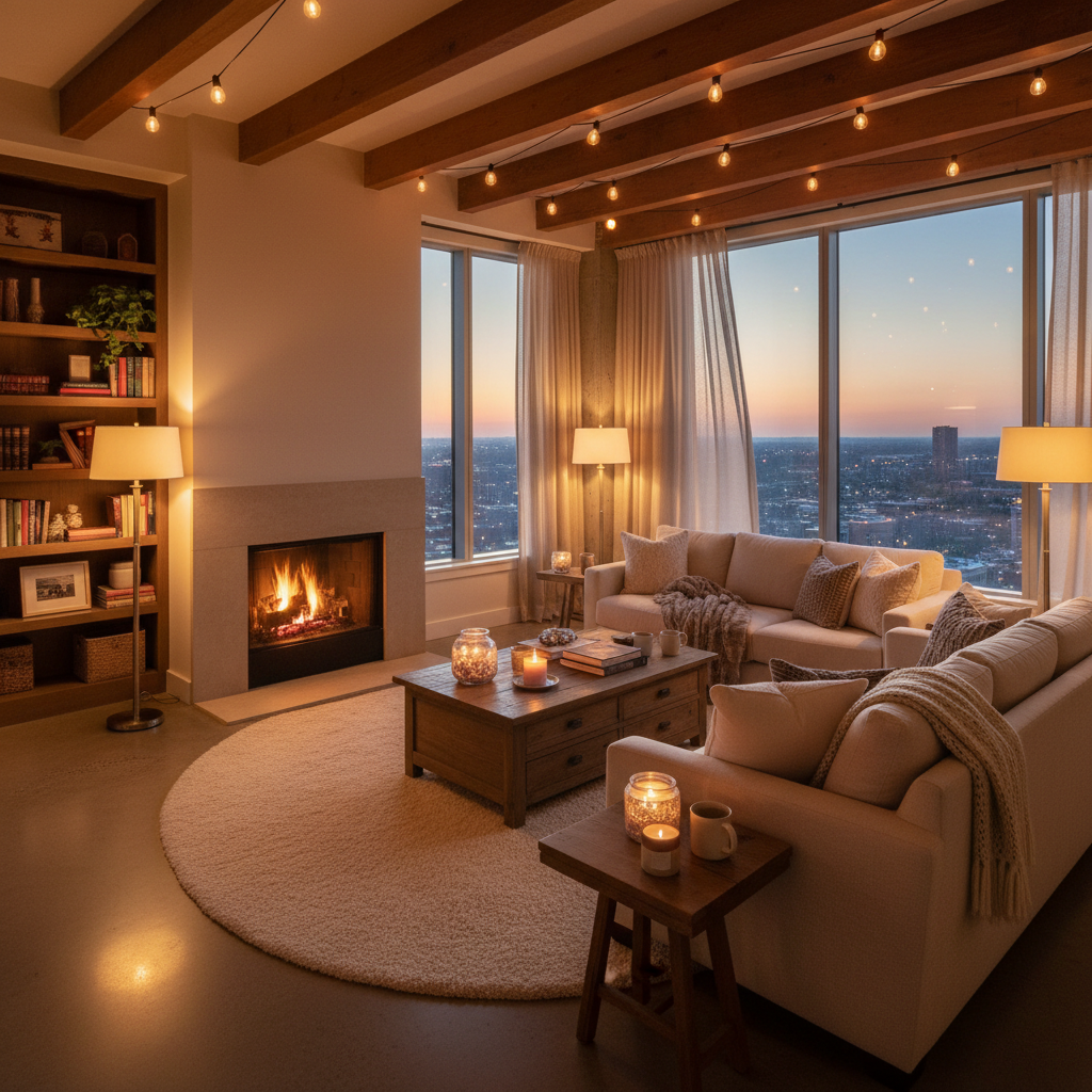 Warmly staged high-rise living room with evening light