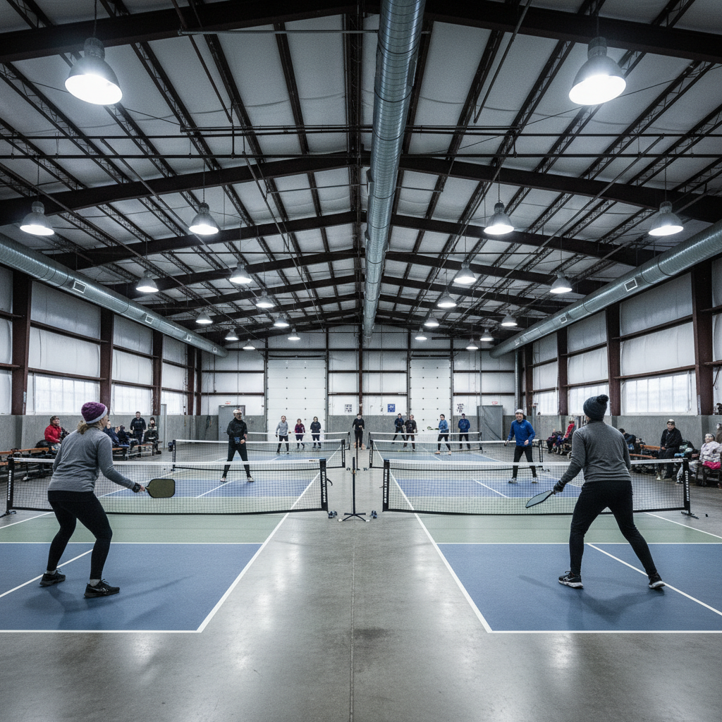 Indoor warehouse pickleball facility in winter, players in warm athletic gear competing under industrial pendant lights