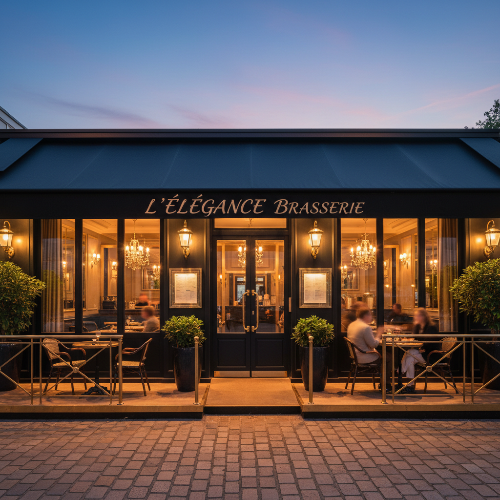 After: refined restaurant with matte black awning, hand-lettered wordmark, warm brass fixtures at dusk