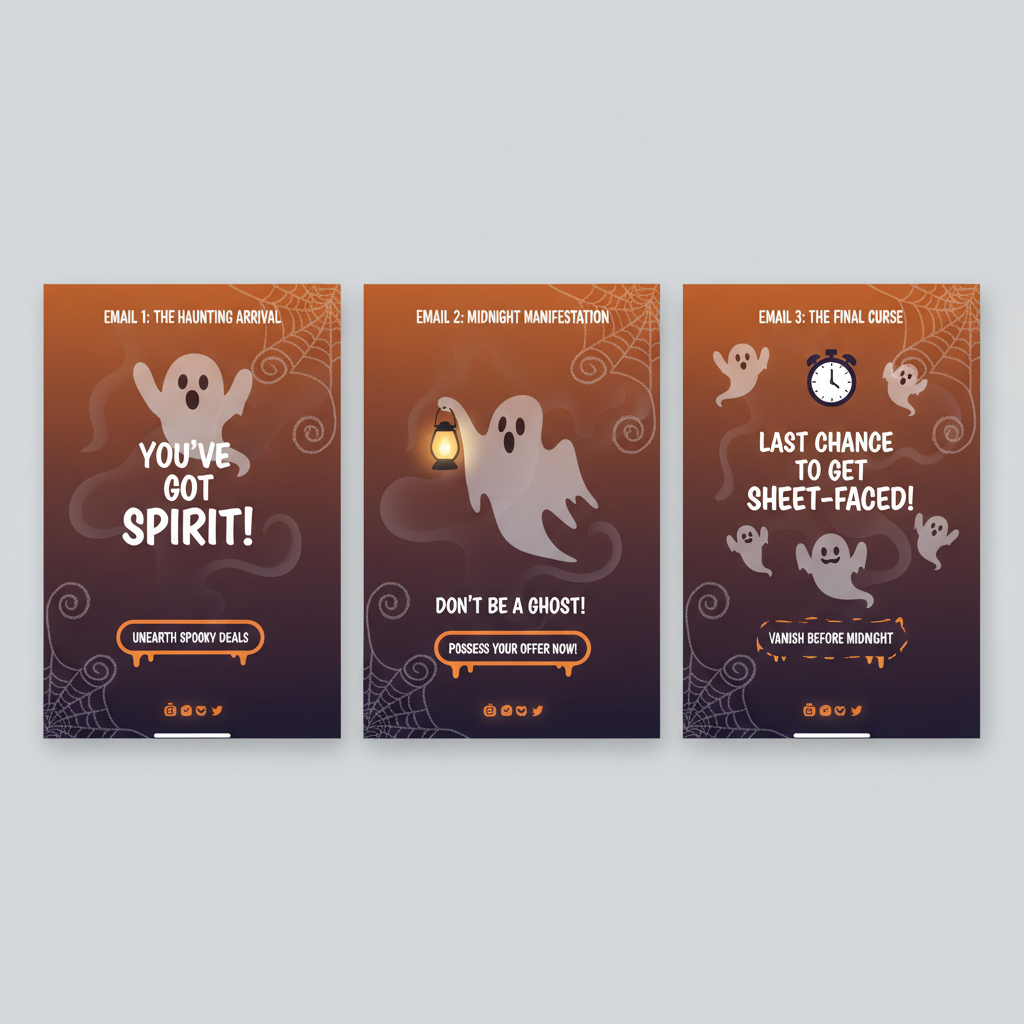Halloween ghost drip email sequence with cobweb graphics, orange gradients and spooky CTAs