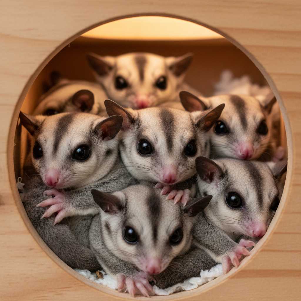 Intimate portrait of sugar glider colony in nest box under warm amber light
