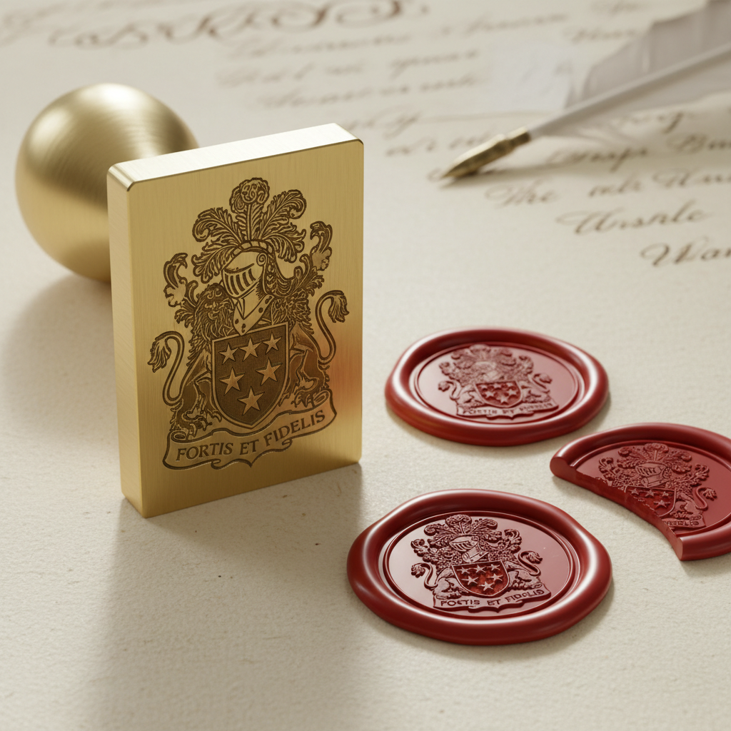 Brass wax seal stamp with custom family crest die next to red wax seals on cream paper