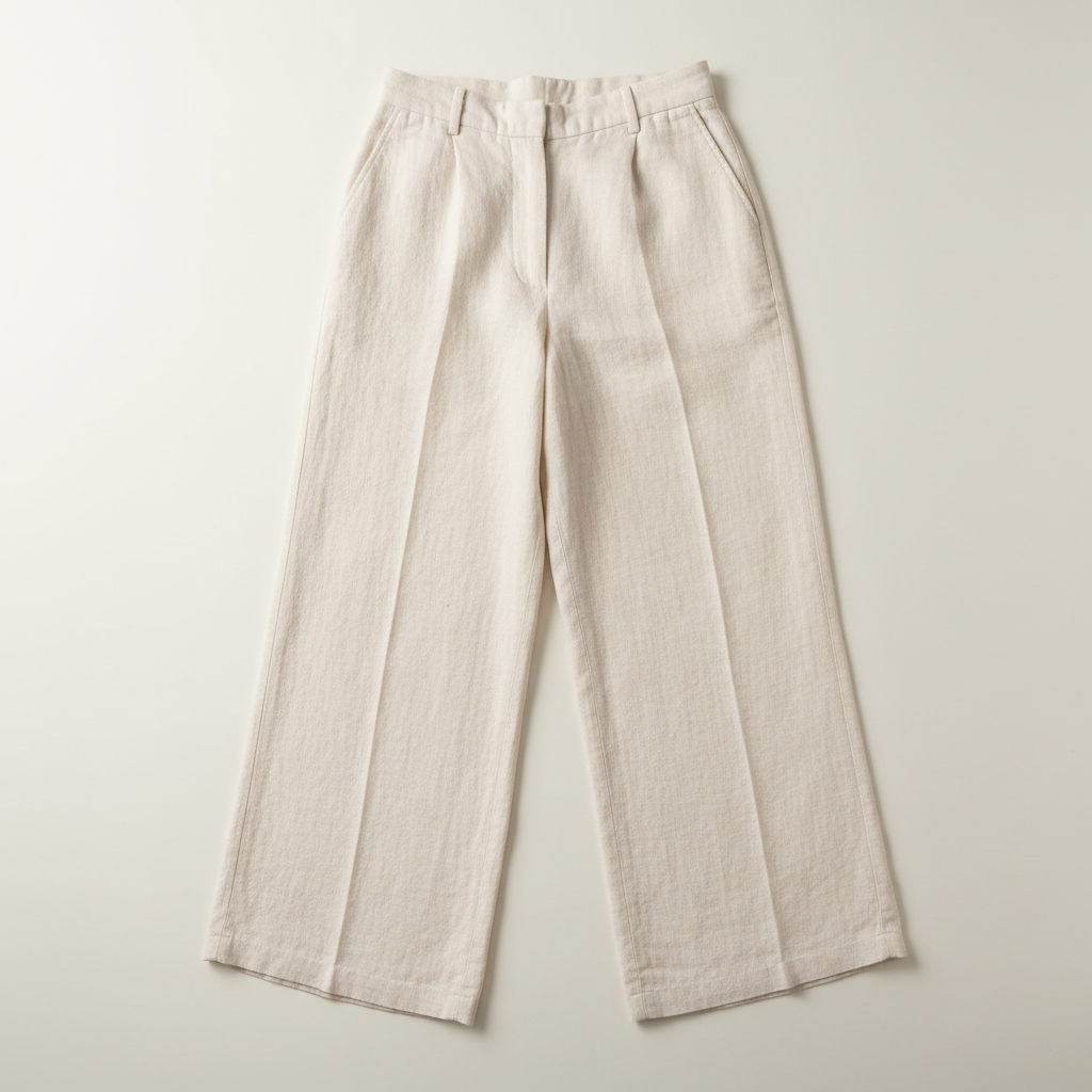Ivory wide-leg linen pants laid flat on a clean light grey concrete surface