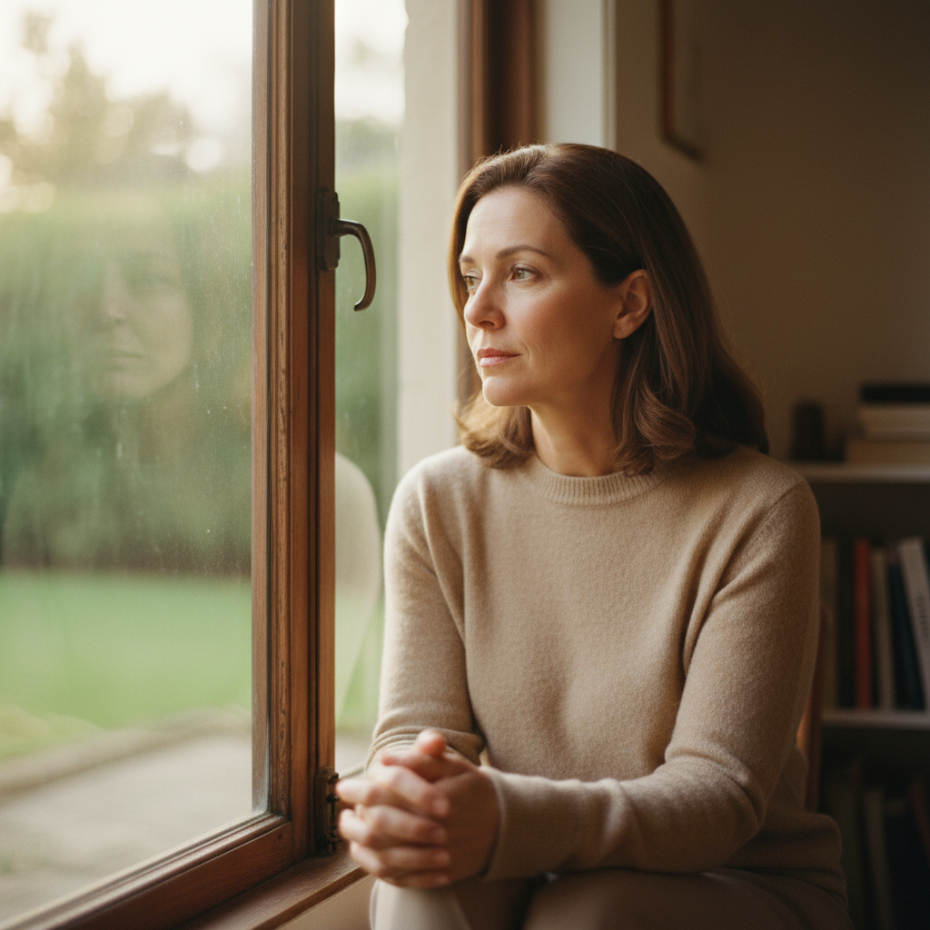 A thoughtful woman in her 40s sitting quietly by a window in soft natural light, a therapist at rest