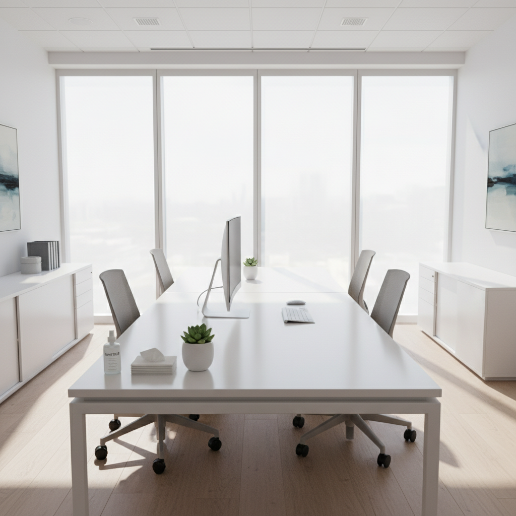 Clean open-plan office space with sanitized desks and spotless floors in bright daylight
