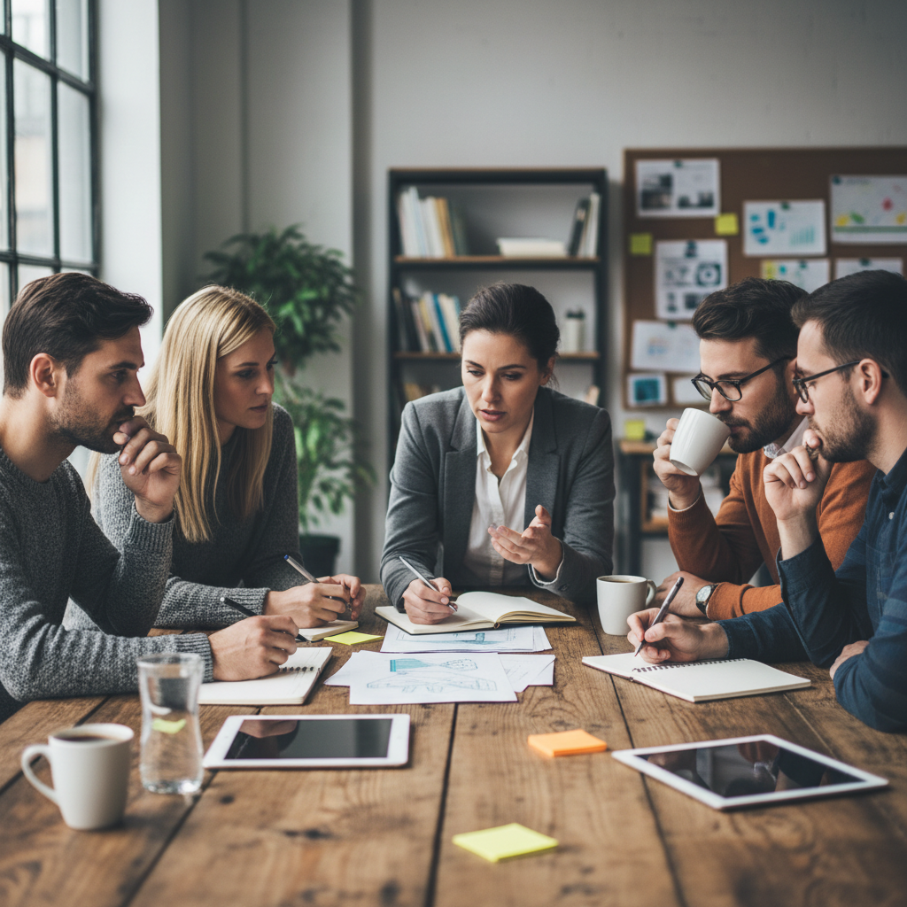 Small group of professionals in deep conversation around a table with notebooks and coffee cups, engaged in a facilitated discussion