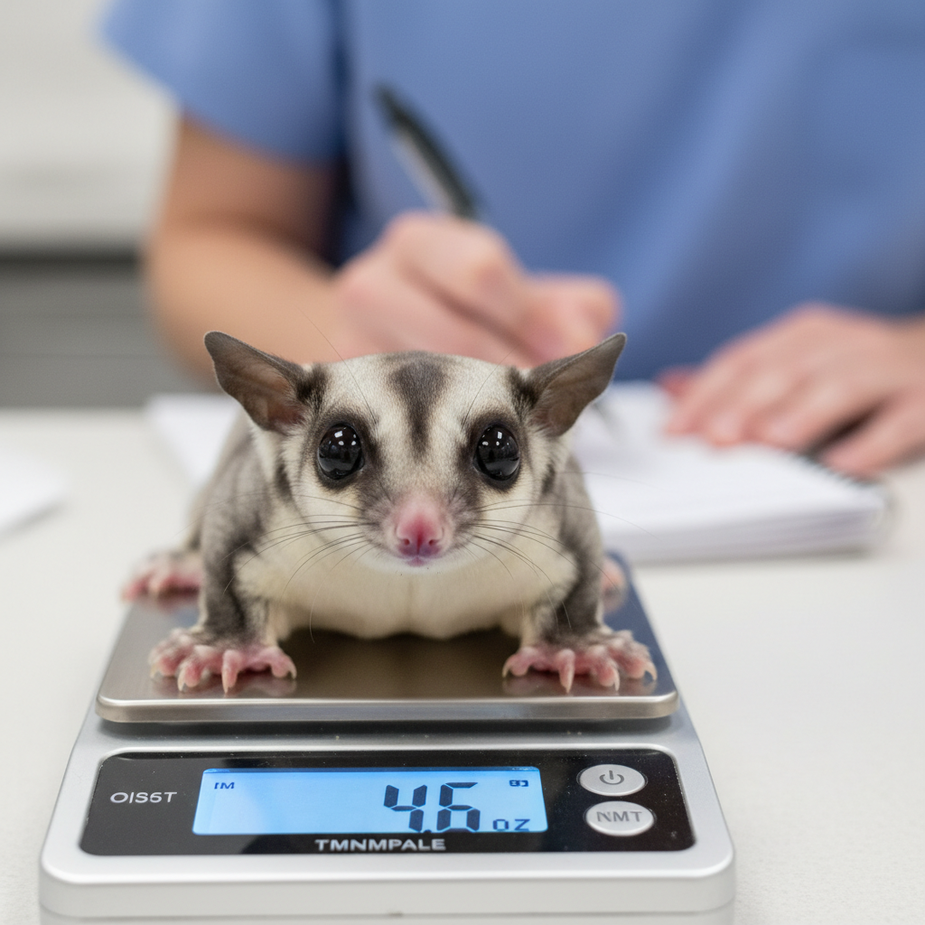 Sugar glider on small digital scale showing 4.6 oz, groomer recording weight in notebook