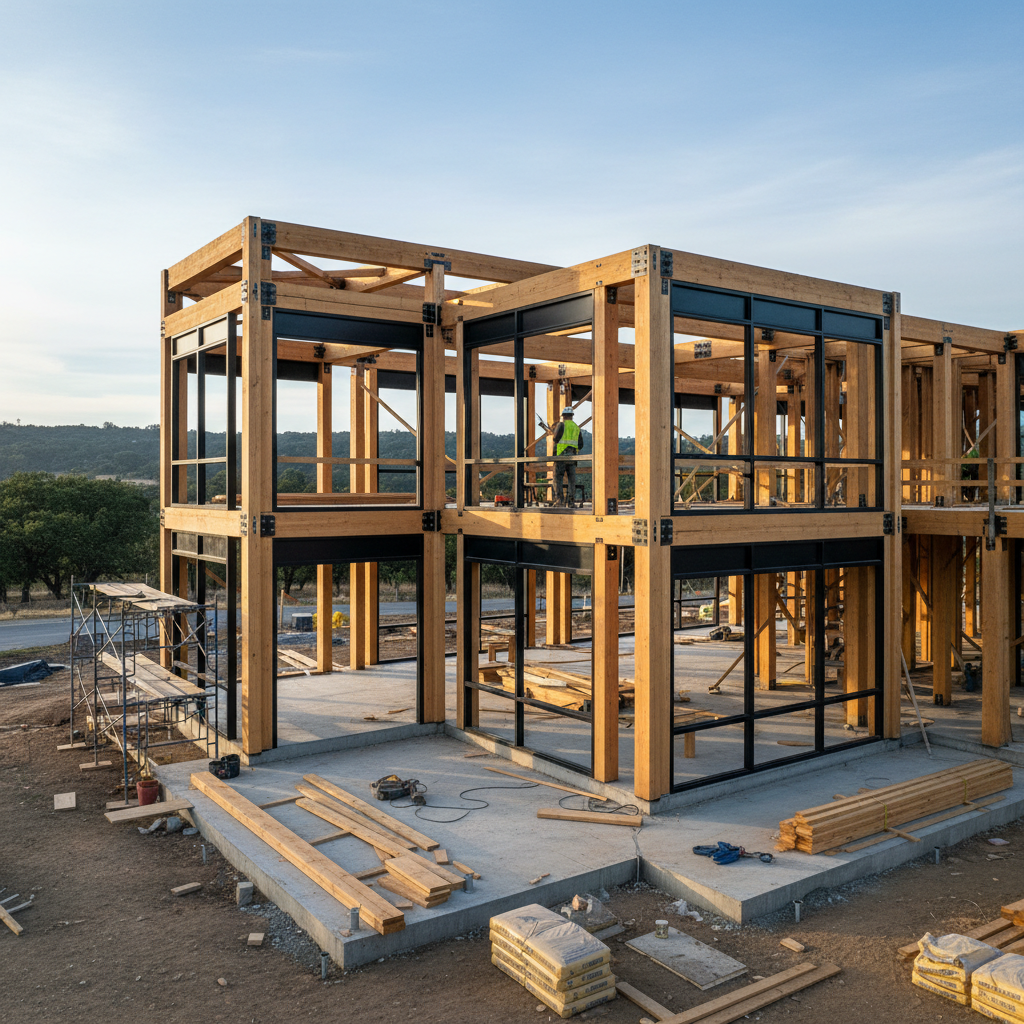Luxury custom home under construction with high-end architectural framing and large window openings