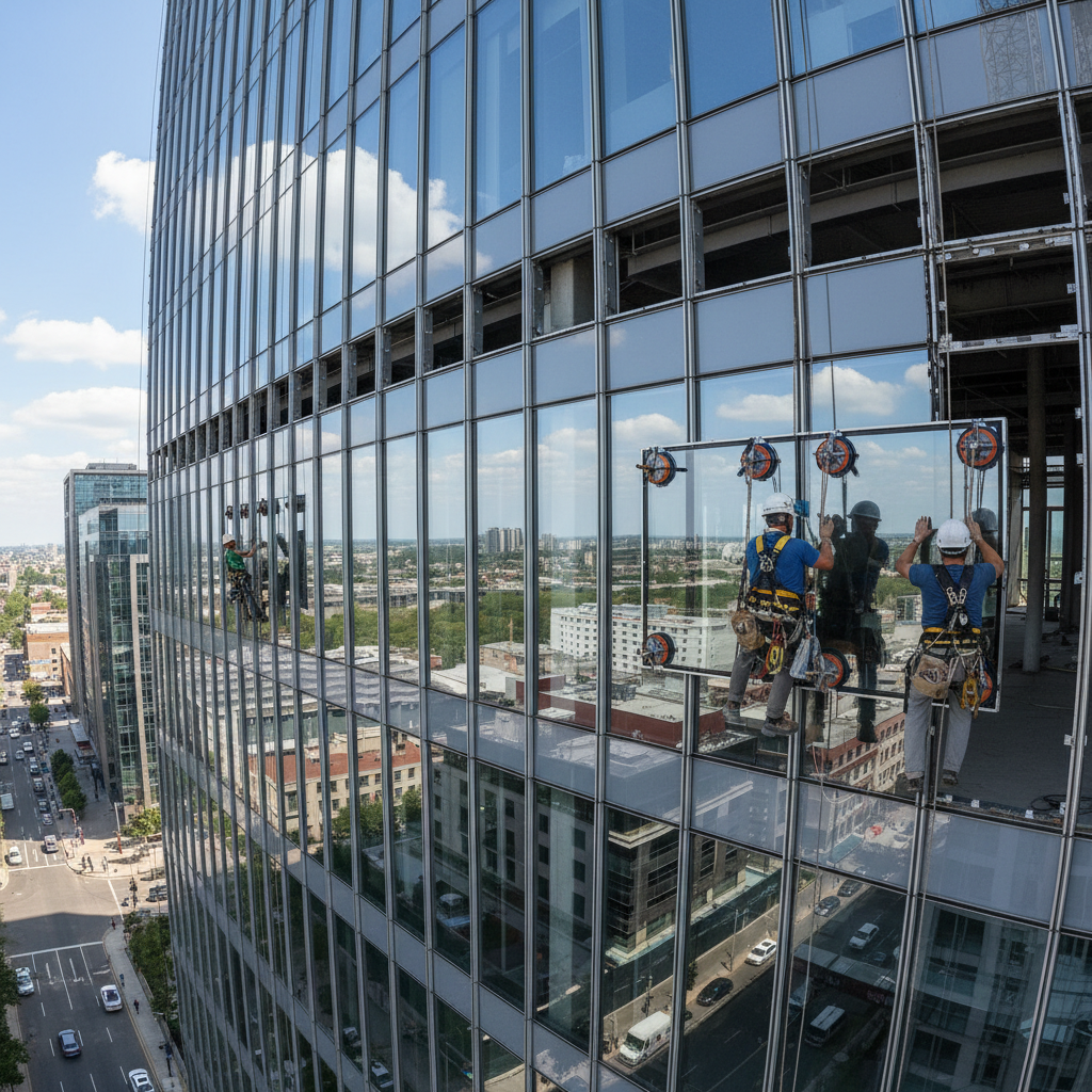 Video thumbnail of commercial building curtain wall installation, scaffold workers on tall building, dark glass panels being set