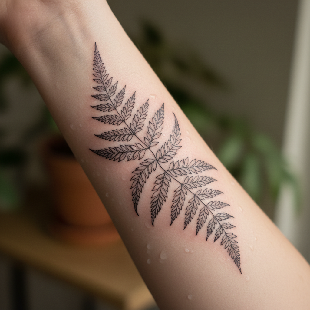 Healed fine-line botanical fern tattoo on forearm, soft natural light