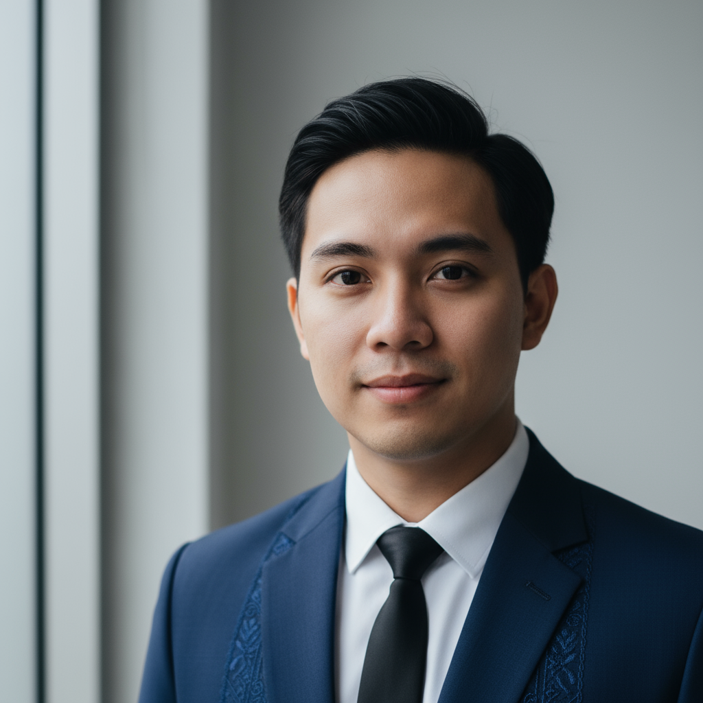 Professional headshot of a Filipino male executive, warm neutral background, confident expression