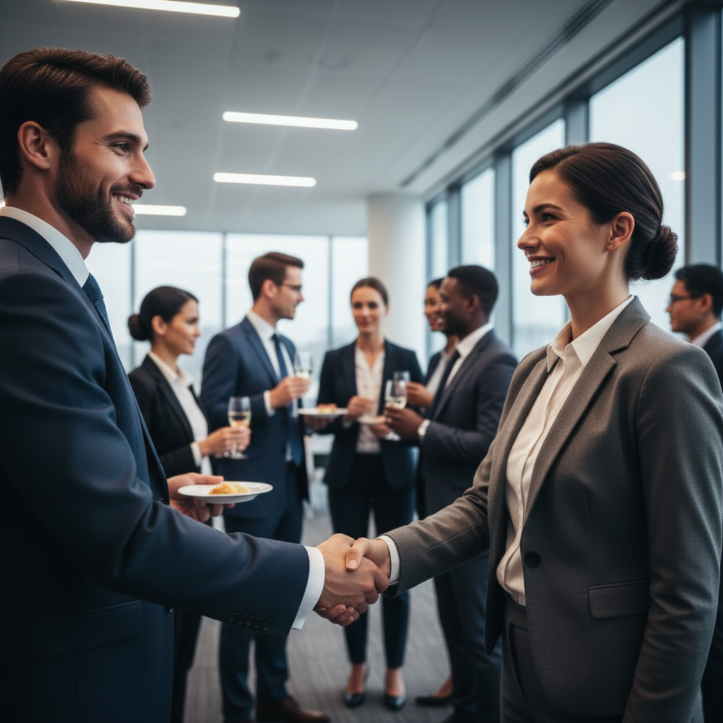 Person warmly saying goodbye at the end of a networking event, smiling and shaking hands, positive farewell