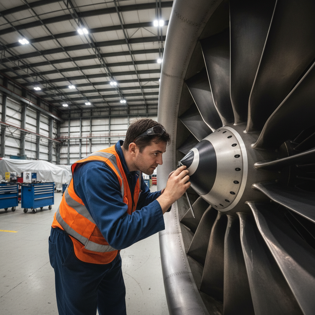 Aviation technician inspecting aircraft engine turbine blades, dark industrial hangar, low-key lighting