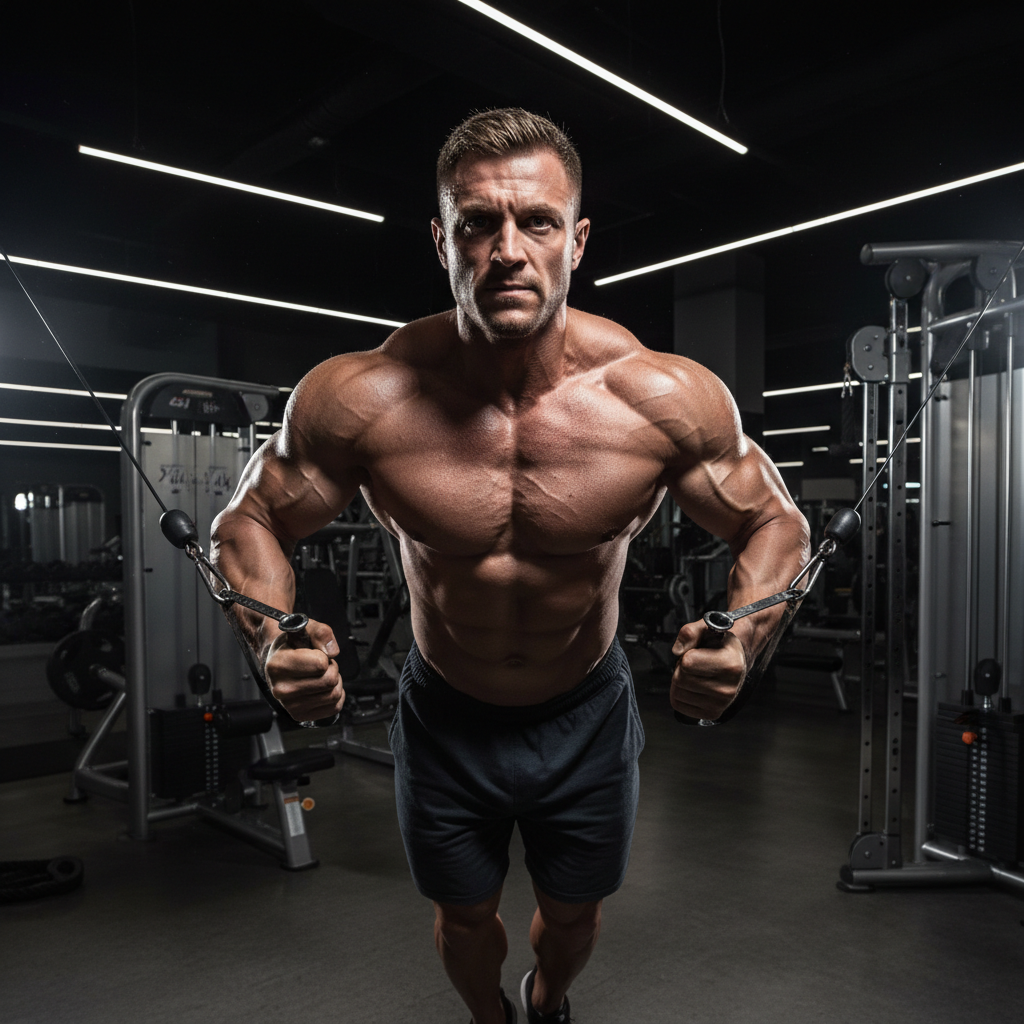 Bodybuilder doing cable fly, defined muscles, dramatic gym lighting