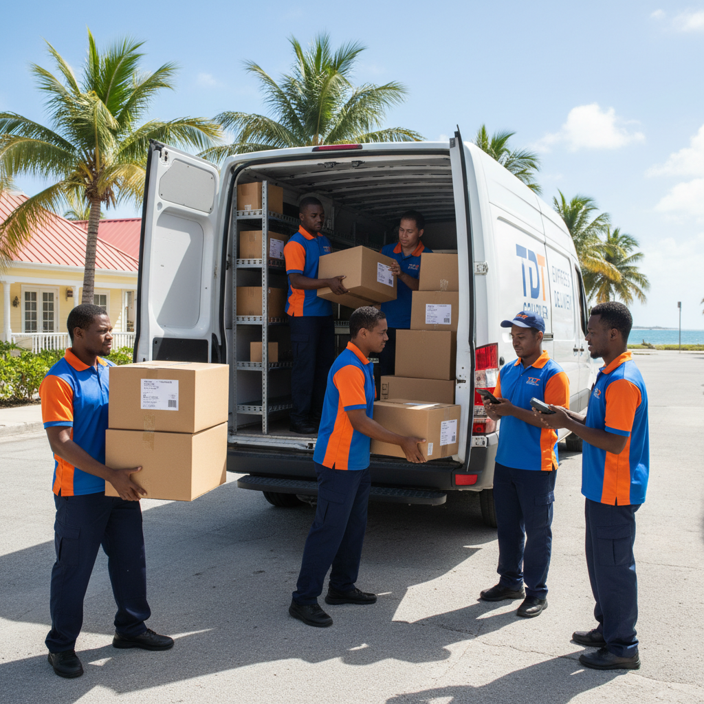 TDT courier team loading packages onto a delivery van in Nassau, Bahamas
