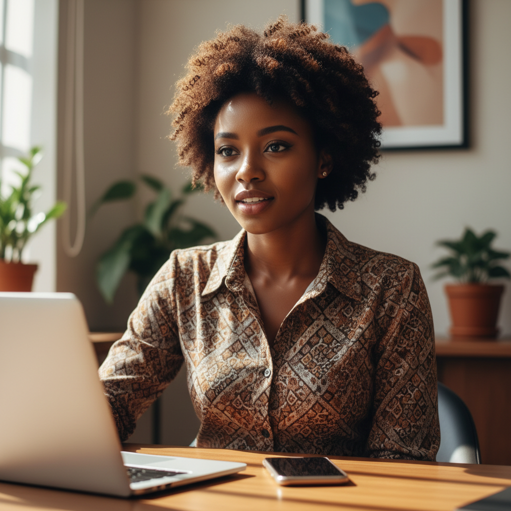Zimbabwean woman in professional setting smiling warmly