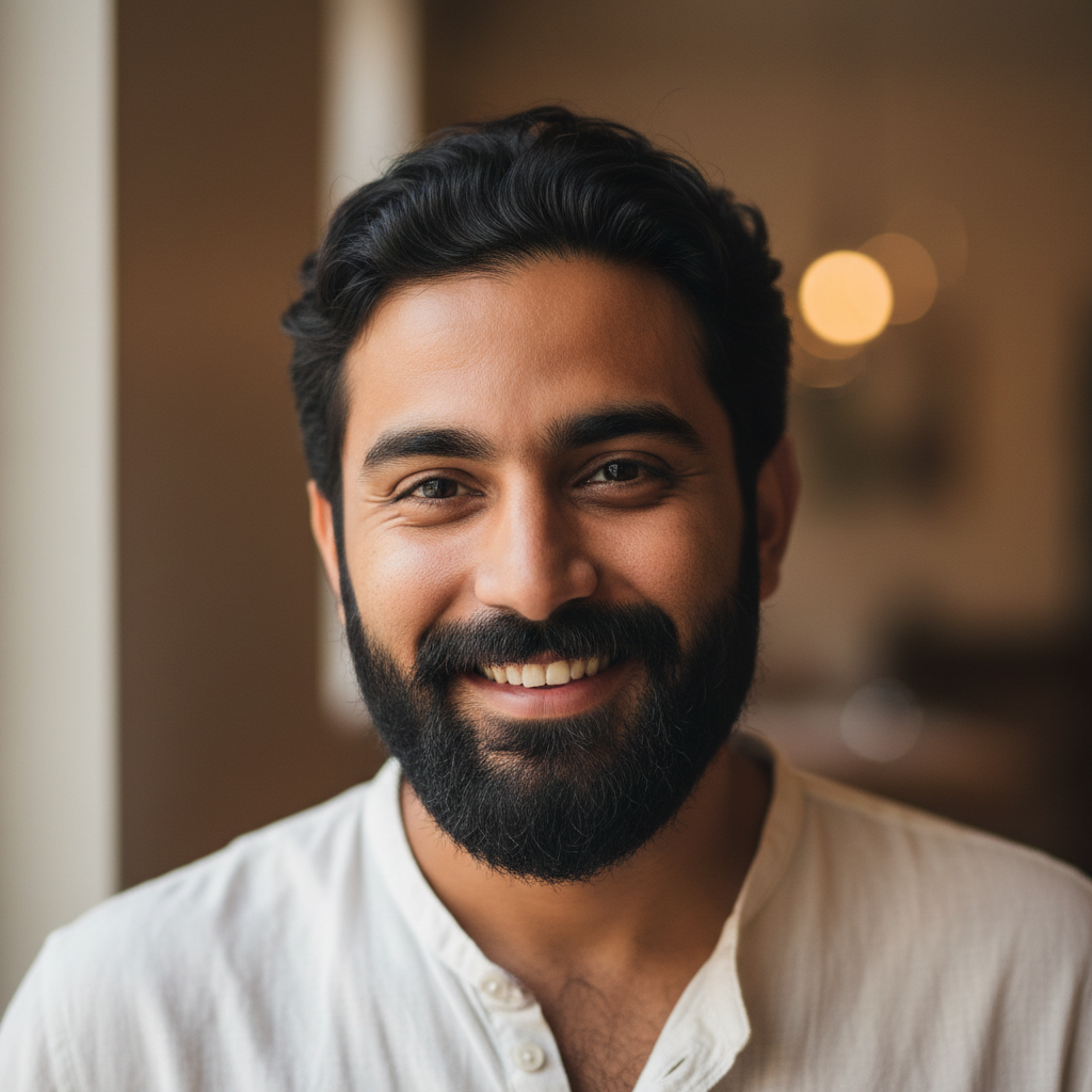 Indian man in casual shirt with warm smile
