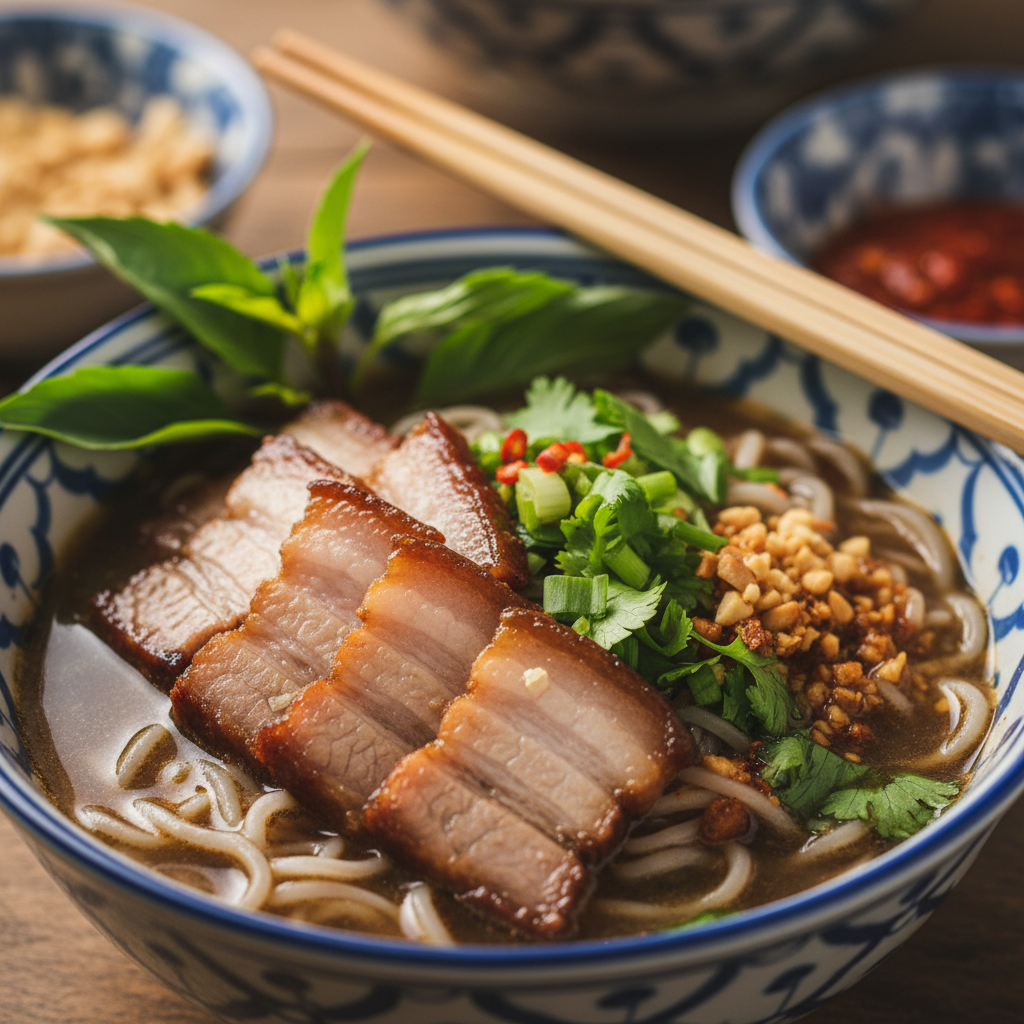 Dark broth boat noodles in a small bowl with pork belly and fresh herbs