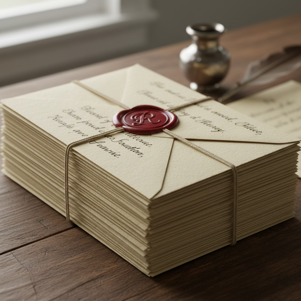 Final stack of completed addressed envelopes with wax seal visible on top envelope
