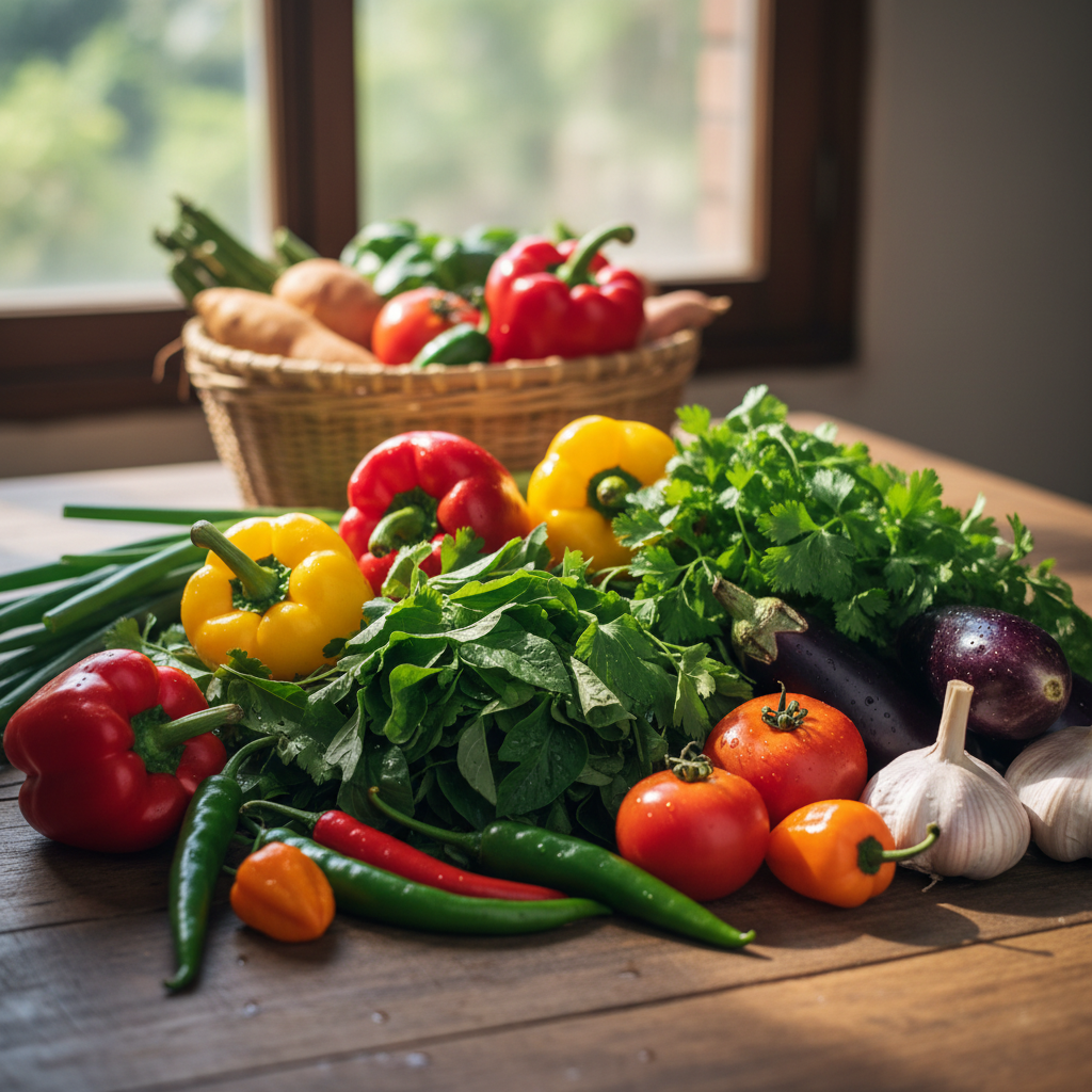 Vibrant farm-to-table restaurant spread with colorful fresh ingredients, rustic wooden table, and artisan dishes