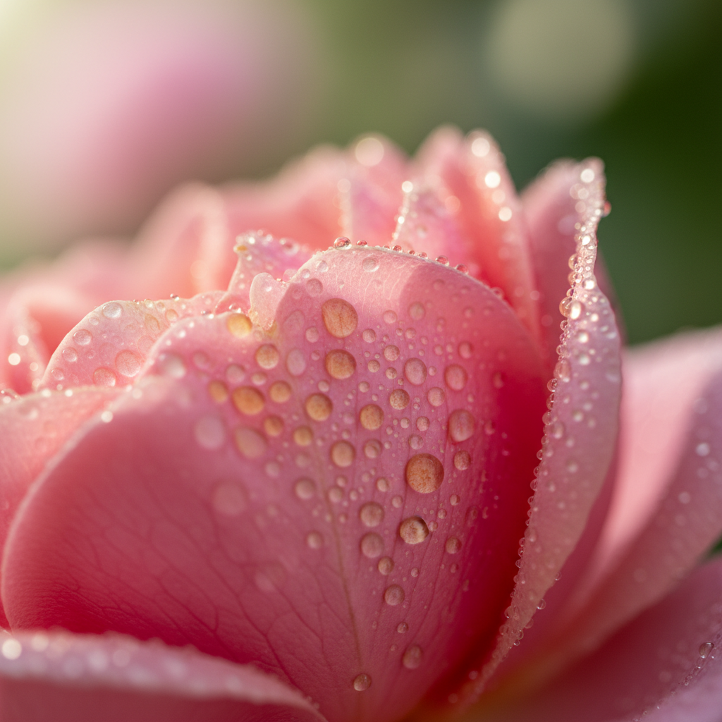 Pink Damask rose petals with golden rose attar oil drops on a wooden surface